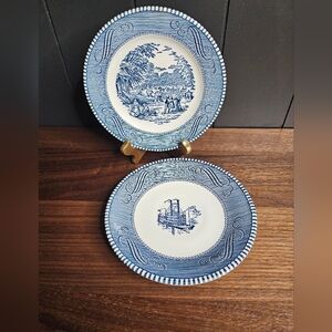 Set of 2 Blue and White Royal Currier and Ives Saucers Steamboat Gathering Wheat